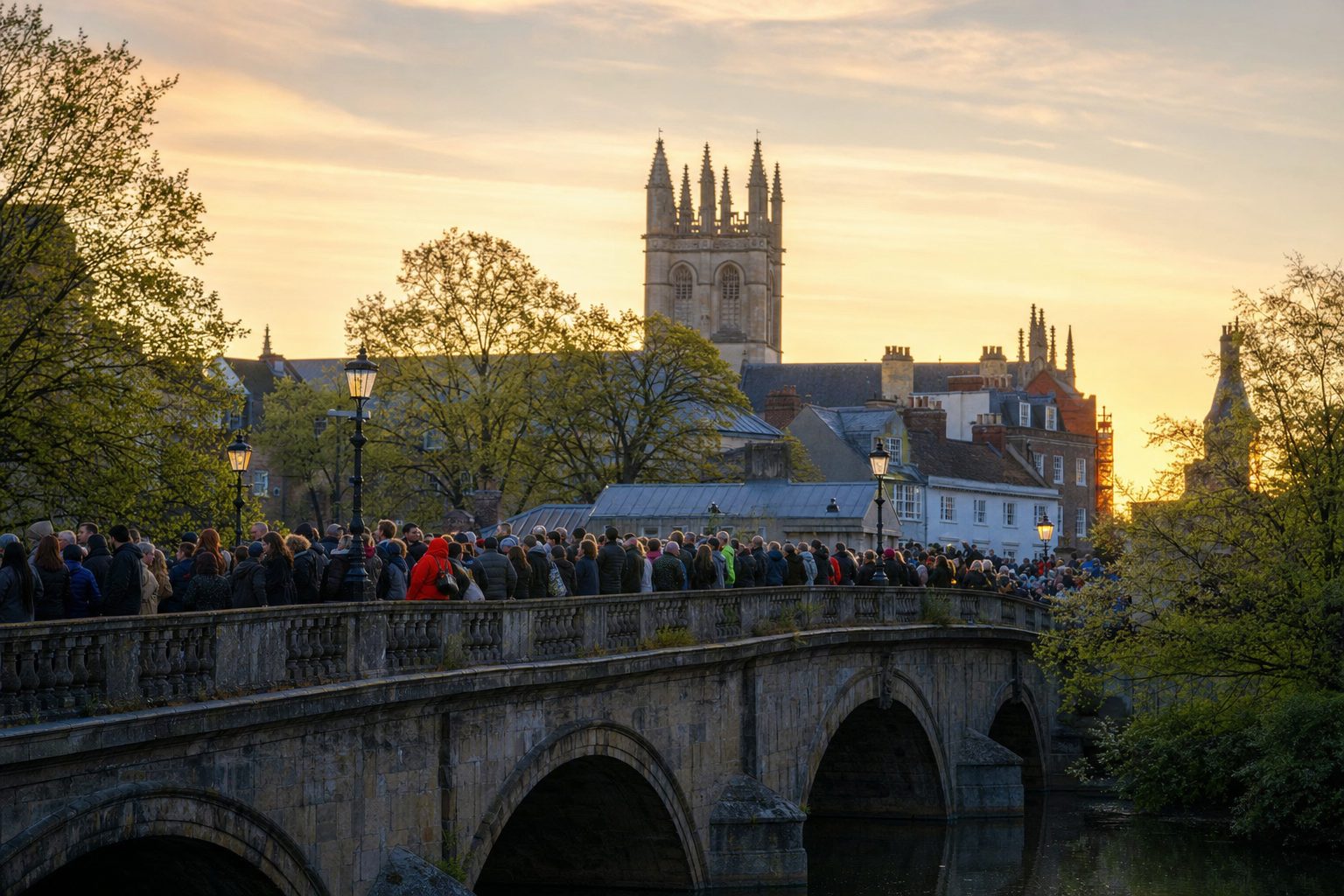 Dawn light over an Oxford bridge crowded for the May Morning tradition