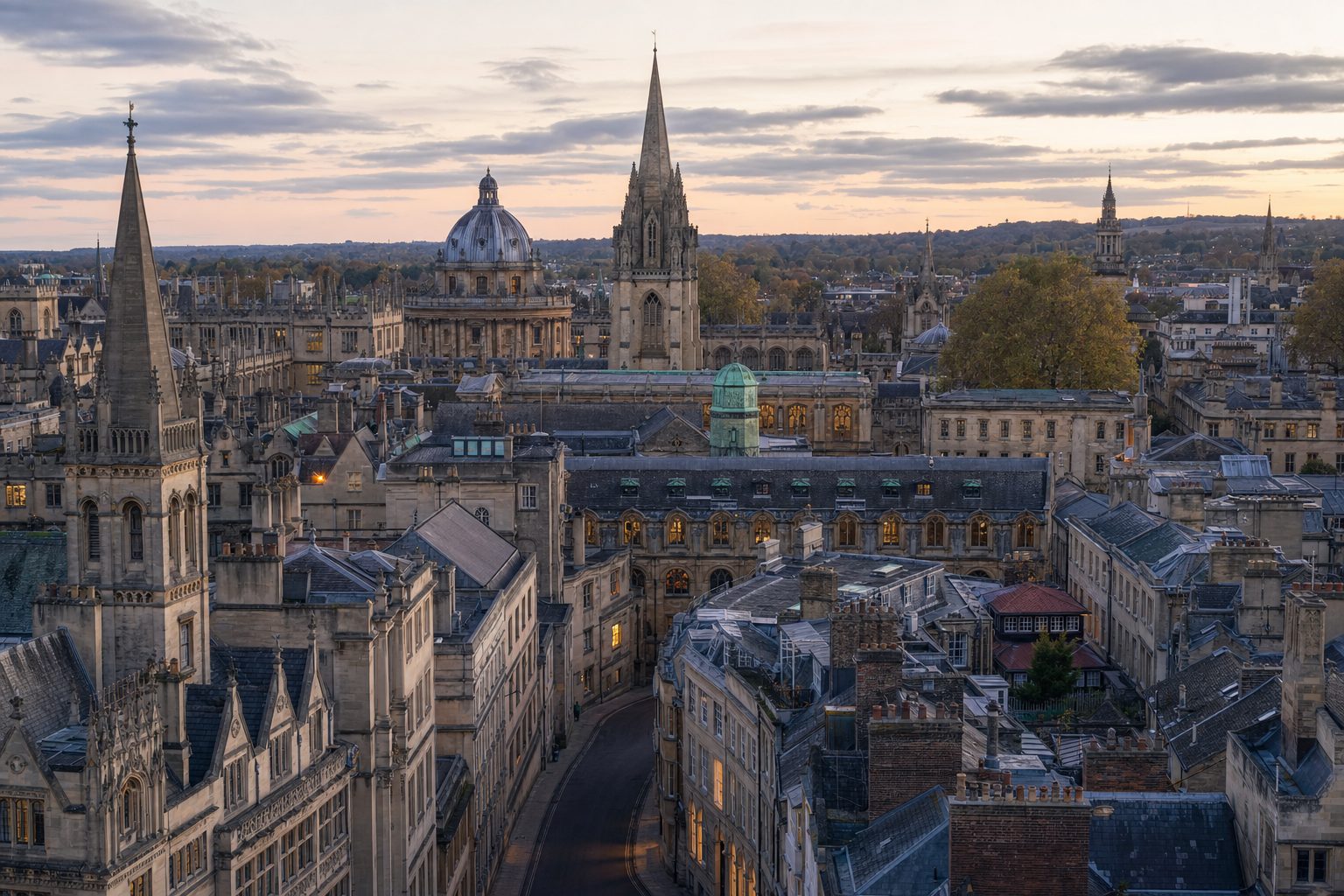 An elevated view over Oxford's rooftops and college spires at dusk
