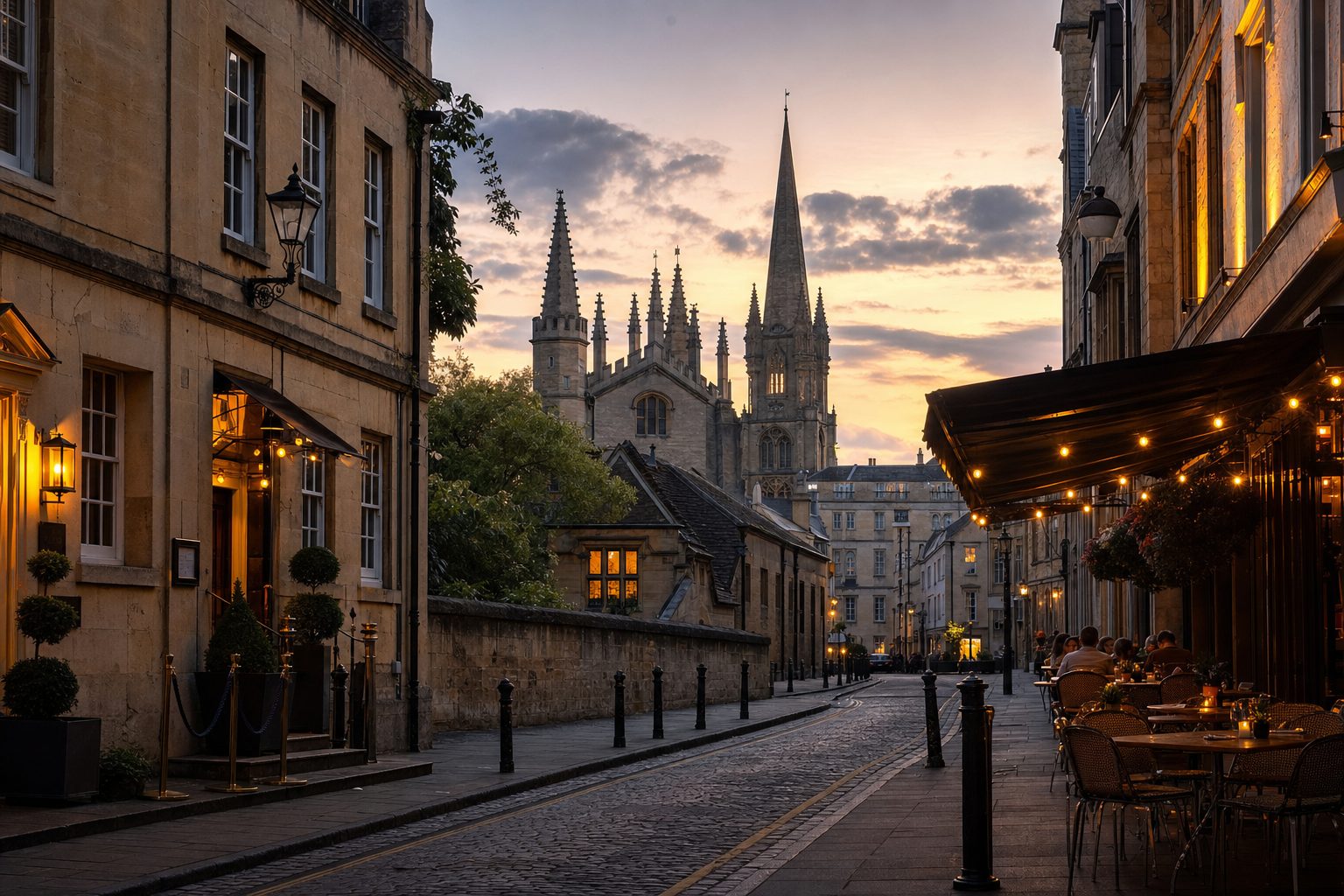 A honey-stone Oxford street at dusk, with college spires rising behind a lit restaurant terrace