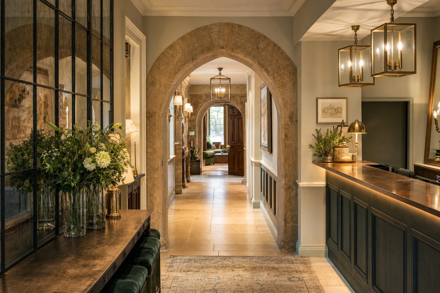 A wide shot of an elegant boutique hotel corridor and reception in Oxford