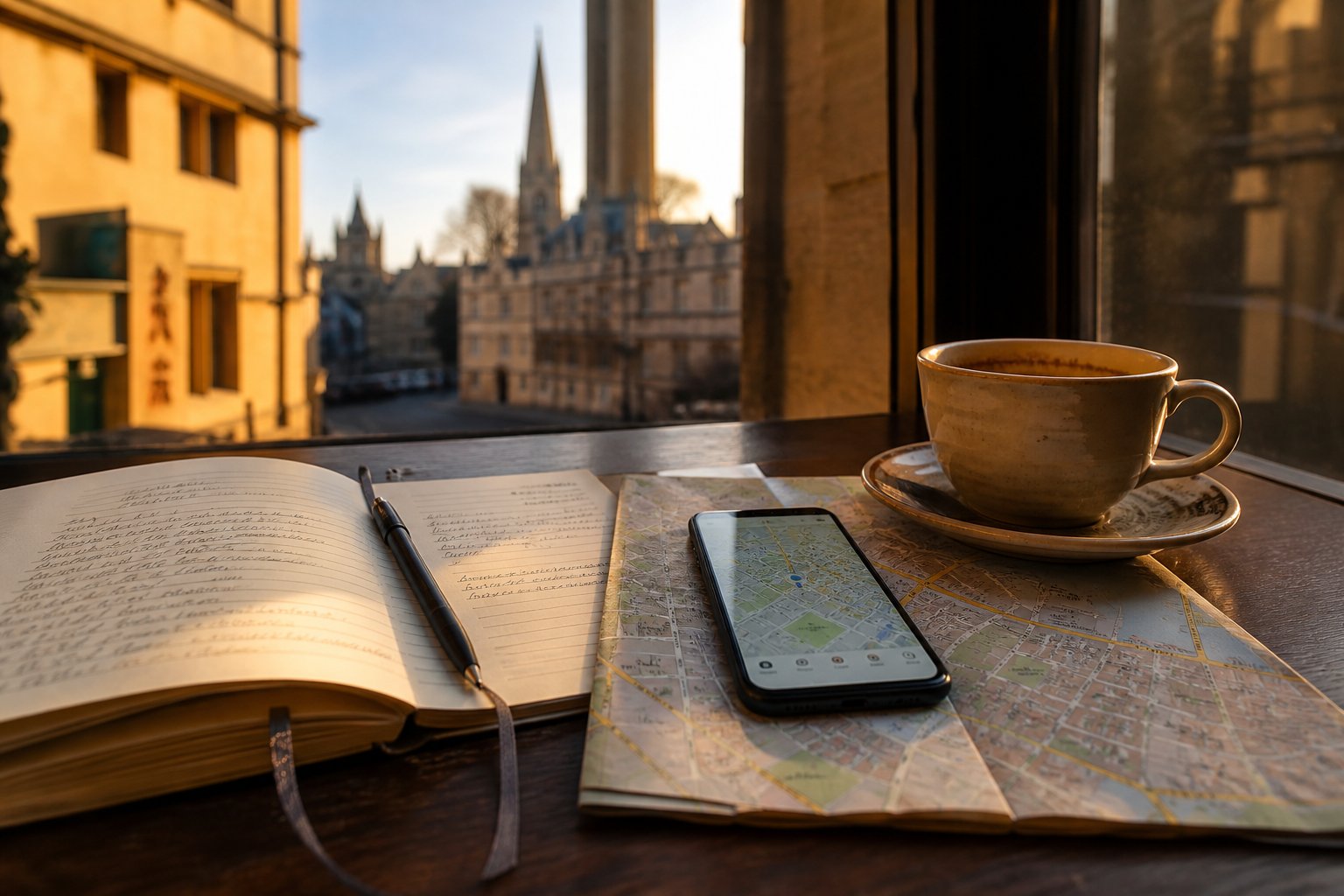 A notebook of handwritten checks, a paper map, a phone showing a map app, and coffee on a café table at golden hour, Oxford college spires visible through the window