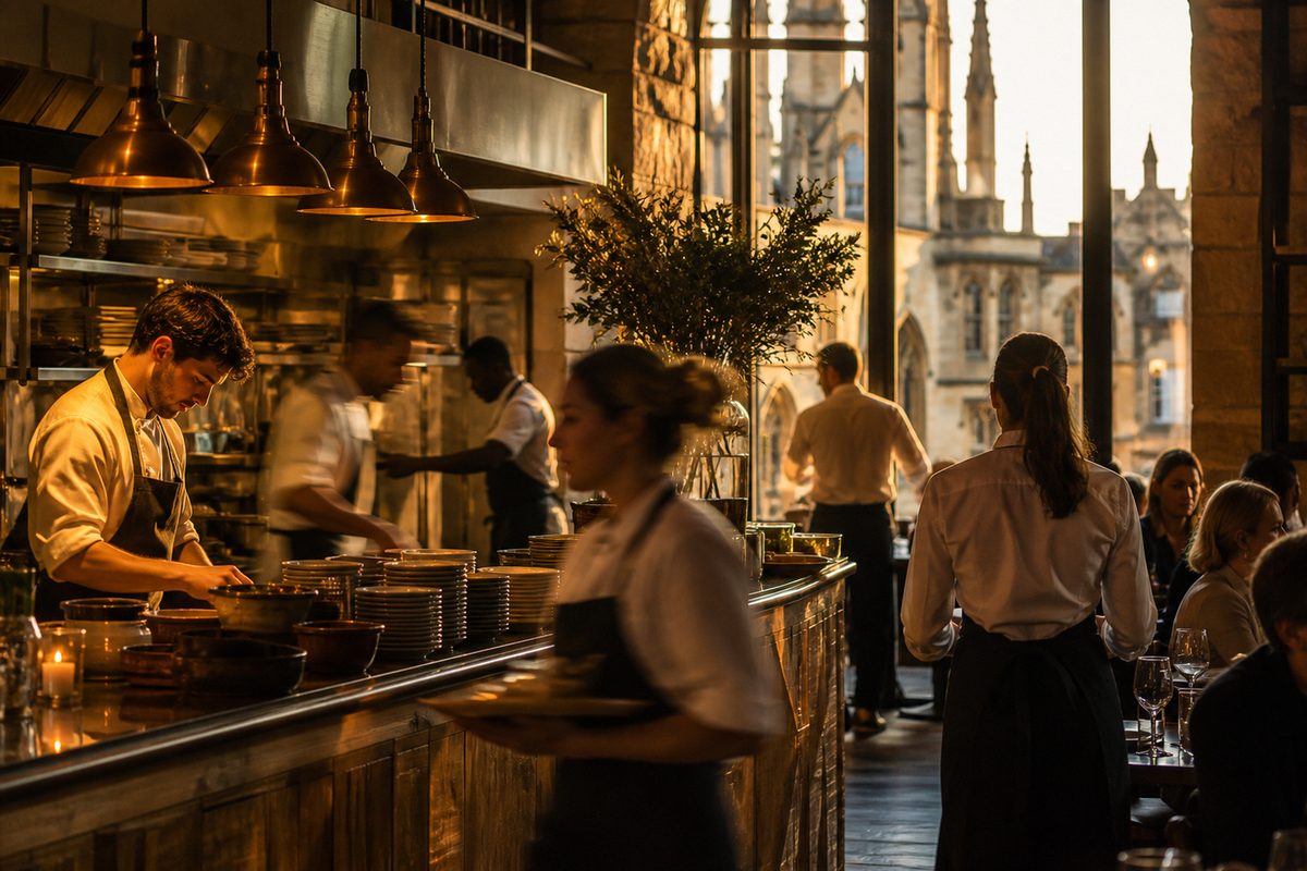 Chefs and waitstaff at work in a busy Oxford restaurant kitchen and dining room at golden hour, college spires visible through the window