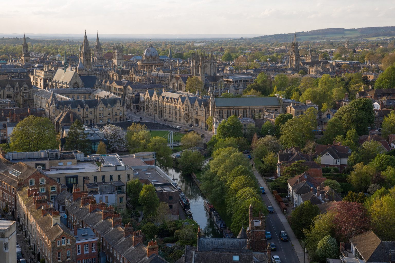 An aerial-feeling view over a patchwork of distinct Oxford neighbourhoods
