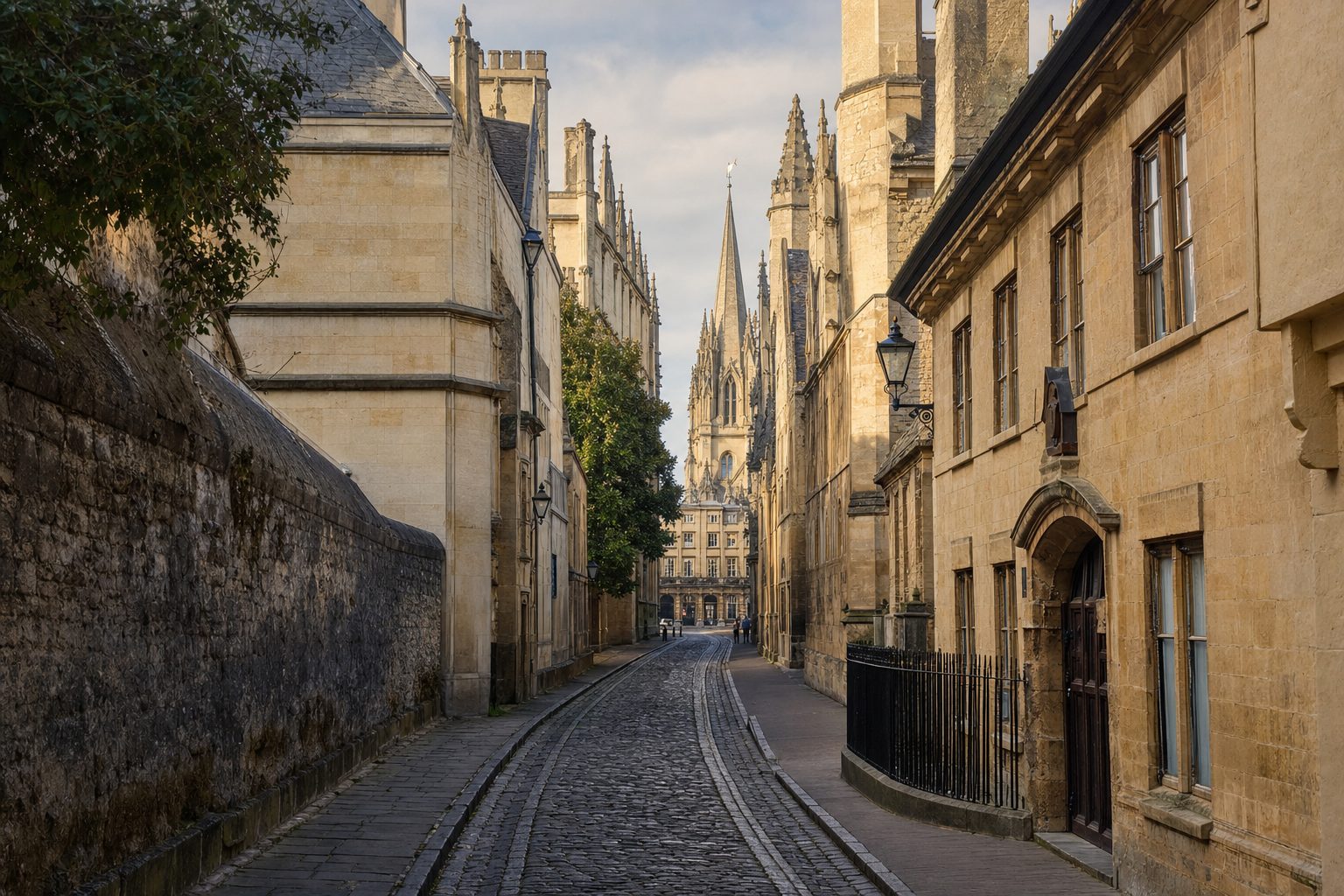 A picturesque Oxford street scene, a cobbled lane curving toward a distant spire