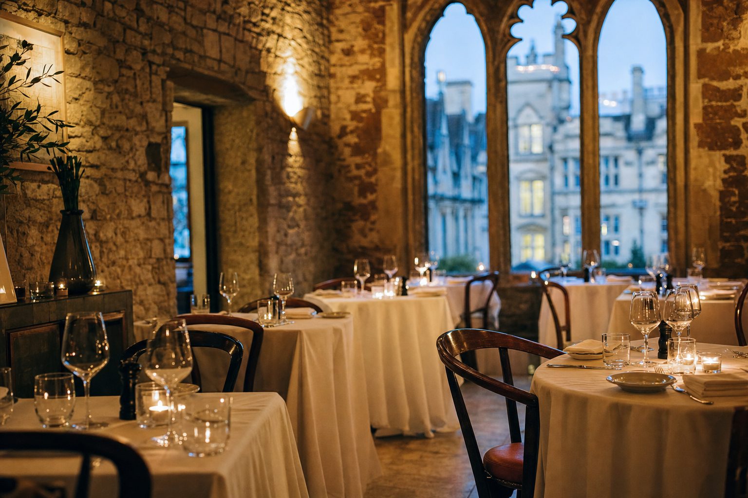 A wide shot of an inviting Oxford restaurant dining room