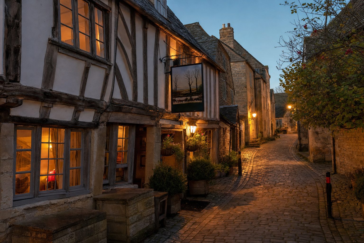A dusk-lit cobbled lane between timber-framed and honey-stone buildings, with a hanging pub sign and warmly glowing windows, typical of a historic English inn