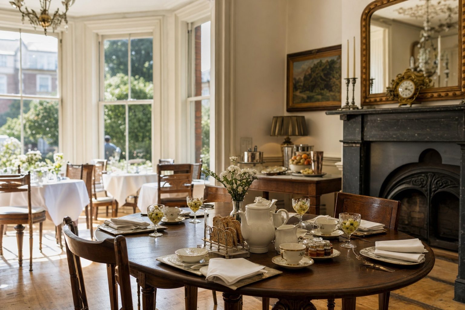 A sunlit period breakfast room with a round table set for tea, bay windows, and an ornate mirror above a dark marble fireplace, evoking a traditional English B&B