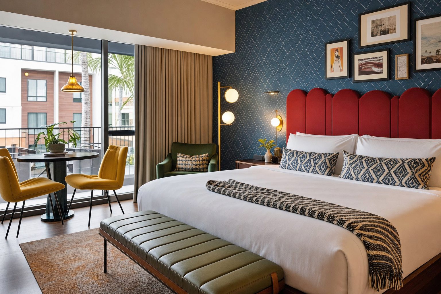 A contemporary hotel bedroom with a scalloped red velvet headboard, mustard-yellow chairs, gallery wall art, and a balcony view