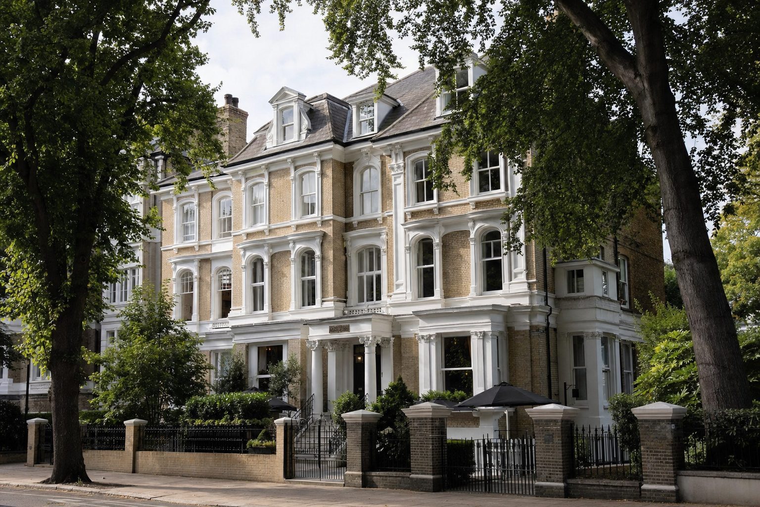 A grand cream-and-brick Victorian terrace mansion with ornate dormer windows and a columned portico, framed by mature trees