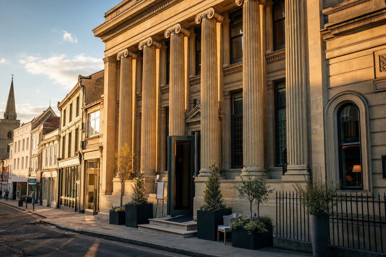 A neoclassical stone facade with tall fluted columns glowing gold in the sunset light, on a historic city-centre street