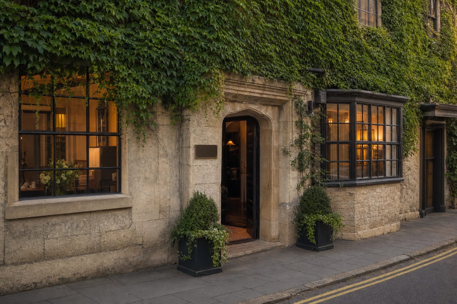 An ivy-covered stone facade with leaded windows and a warmly lit open doorway, evoking a cosy converted period building