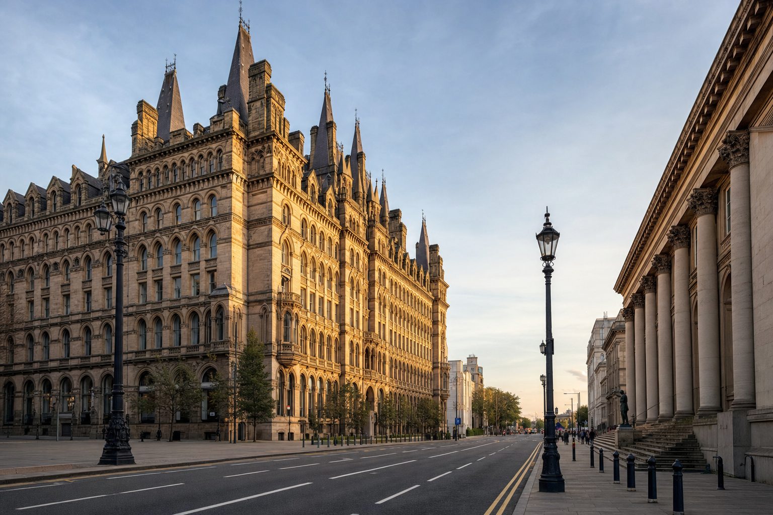 A grand Gothic Revival stone building with turrets and spires along a wide boulevard, lit gold at sunset, evoking a landmark city hotel