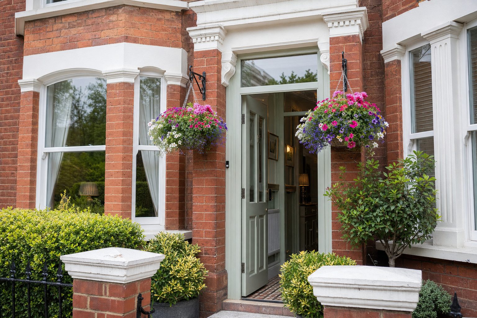 A red-brick Victorian terrace entrance with a sage-green door flanked by hanging baskets overflowing with pink and purple flowers