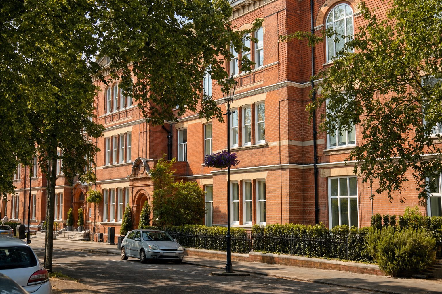An ornate red-brick Victorian building with arched windows along a tree-lined residential street on a sunny day
