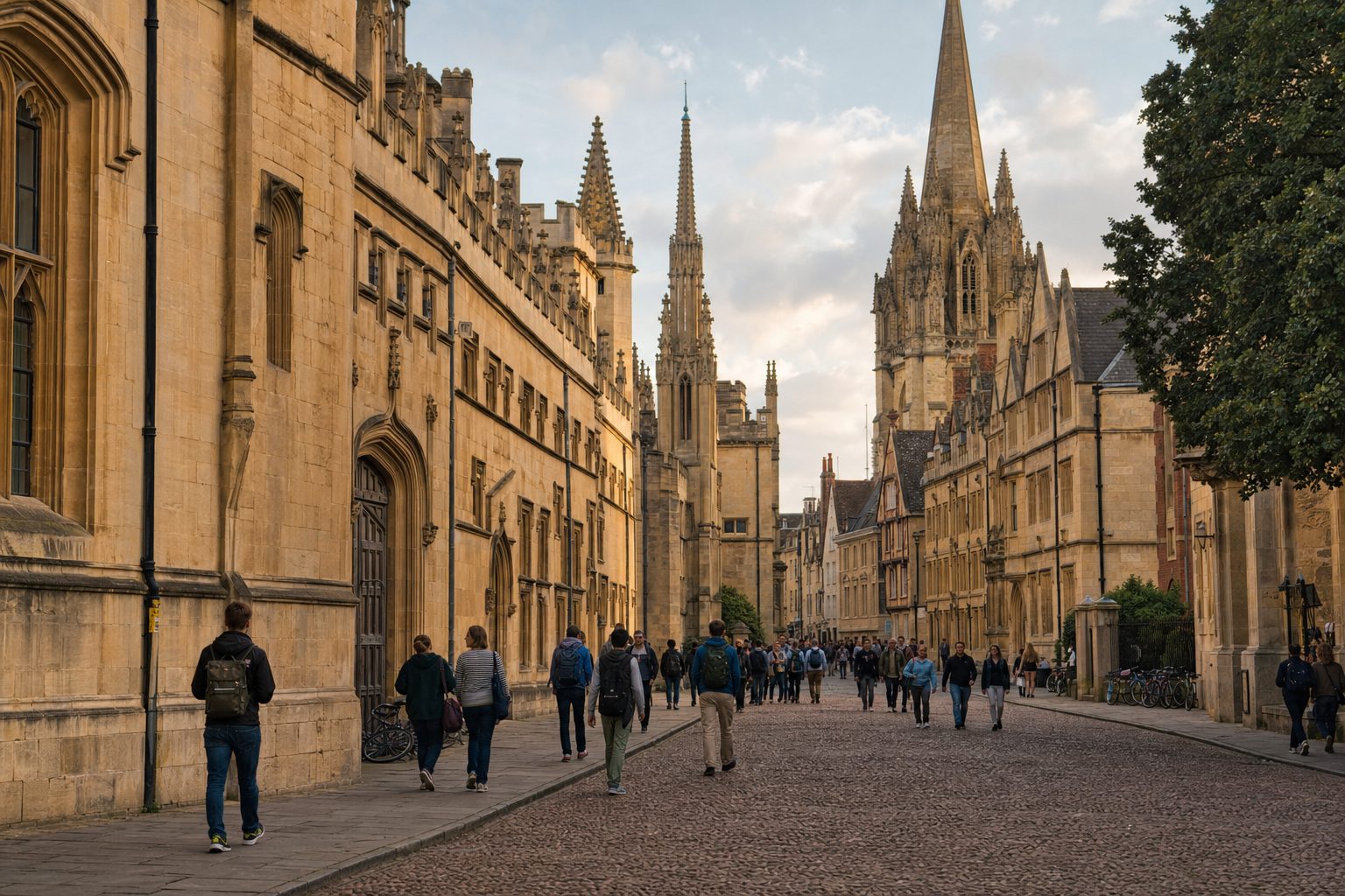 Honey-coloured college buildings and spires along a historic Oxford street