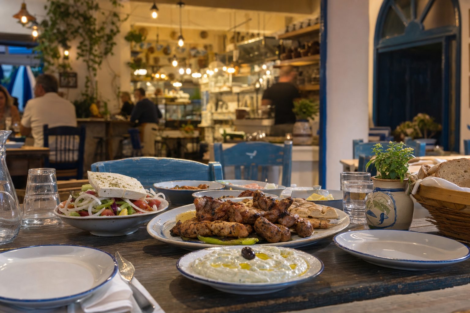 A rustic taverna table set with feta, Greek salad, grilled meat skewers, and tzatziki, with blue-painted chairs in the background
