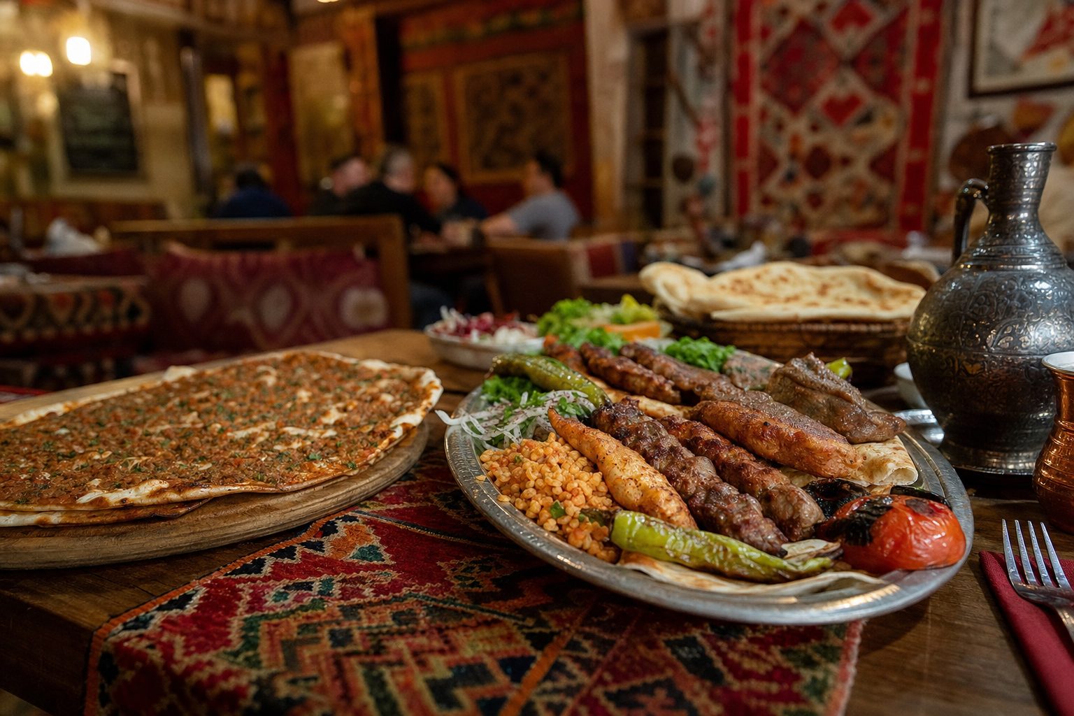 A mixed grill platter of skewered meats and flatbread on a patterned kilim-covered table, in a richly decorated carpeted dining room