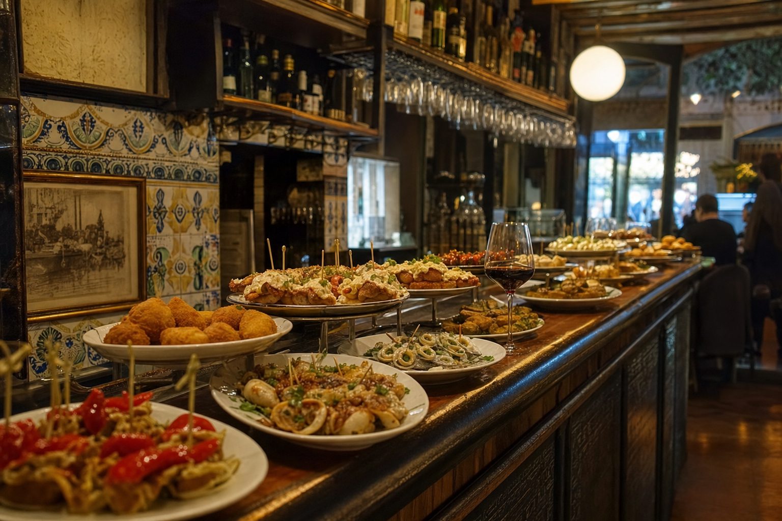 A tiled tapas bar counter lined with small plates of croquettes, patatas bravas, and seafood beneath hanging wine glasses