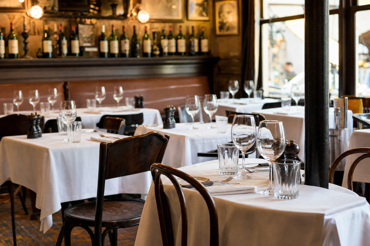 A classic French-style brasserie interior with white-clothed tables, bentwood chairs, and wine bottles lining a shelf behind the bar