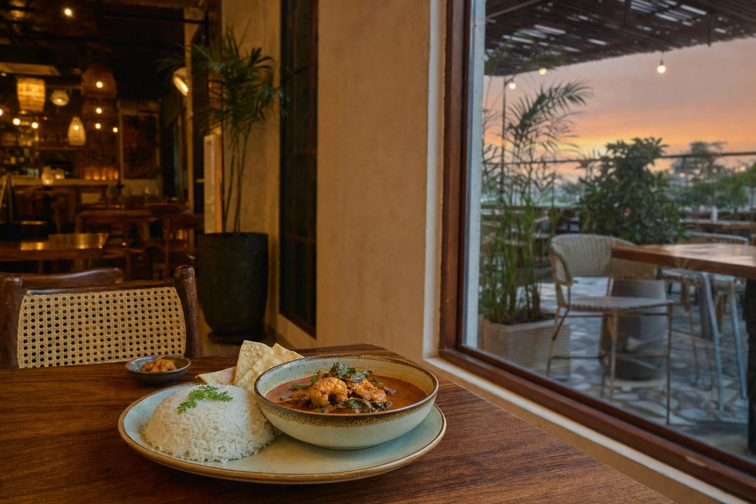 A bowl of spiced curry with rice on a wooden table beside a window overlooking a plant-filled terrace at sunset