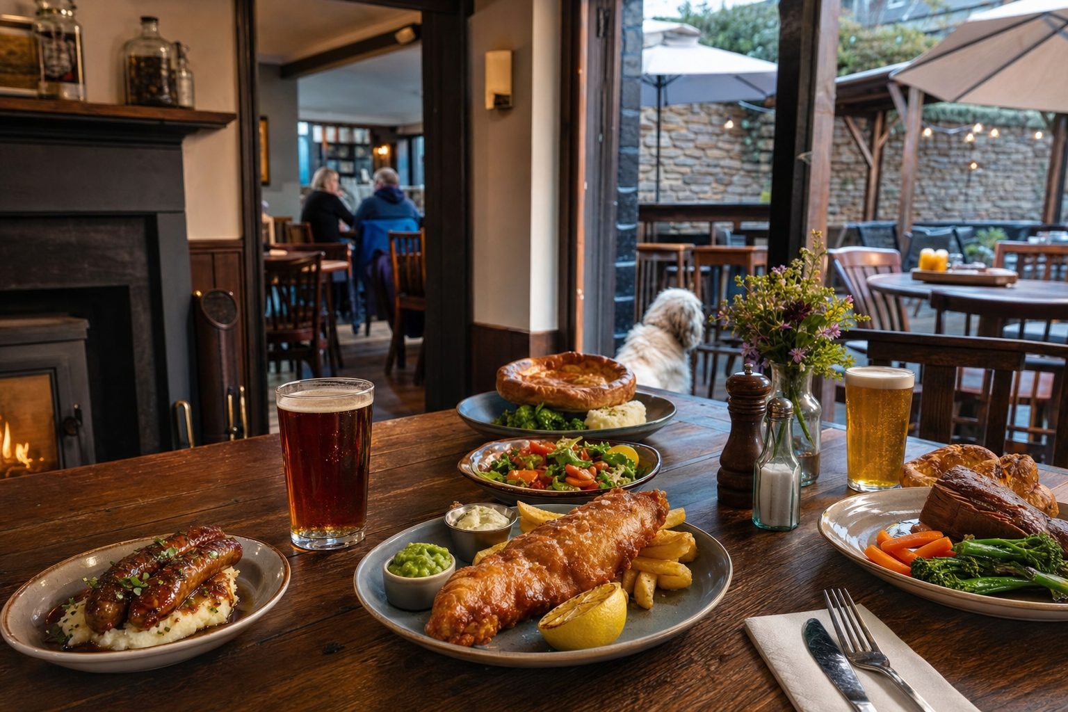 A traditional pub table laid with fish and chips, sausages and mash, and a Yorkshire pudding roast, a lit fireplace and beer garden visible beyond