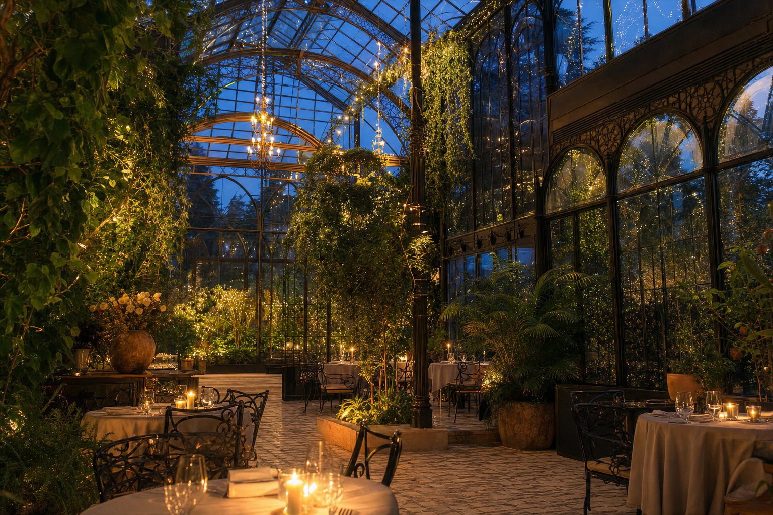 An elegant Victorian-style glasshouse dining room strung with fairy lights and climbing greenery, candlelit tables beneath an arched glass roof at dusk