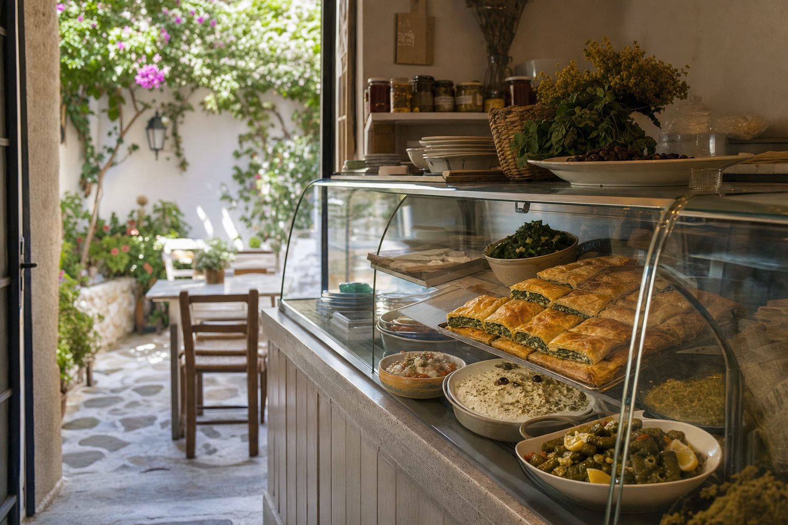 A deli counter displaying spinach pastries, stuffed vine leaves, and dips behind glass, opening onto a sunny courtyard with flowering plants