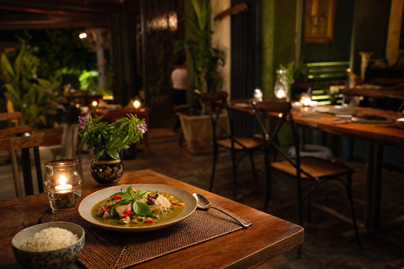 A candlelit table with a bowl of green curry and rice on a rattan placemat, tropical plants and warm lighting in the background