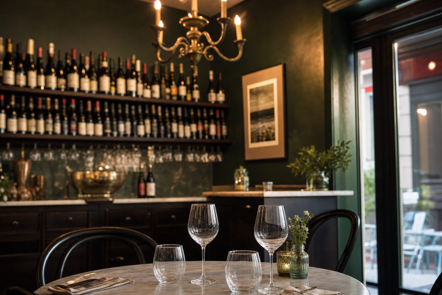 An intimate dark-green dining room with a brass chandelier, shelves of wine bottles, and a marble table set with glassware