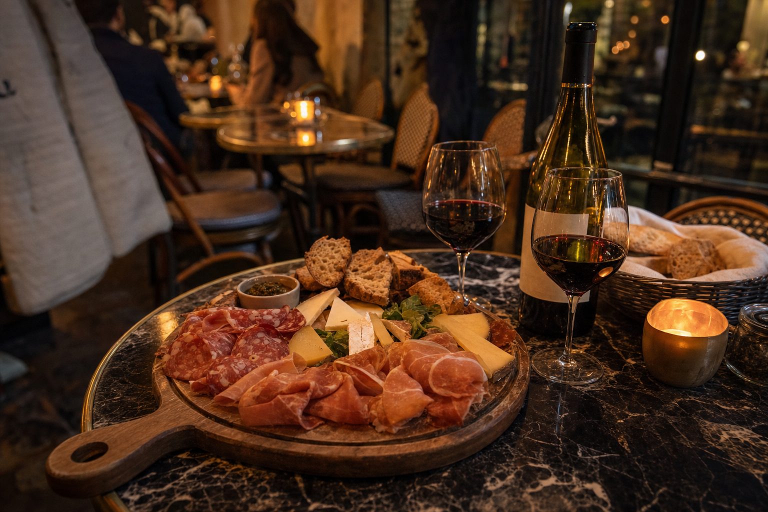 A wooden charcuterie board with cured meats, cheese, and bread beside two glasses of red wine and a lit candle on a marble table