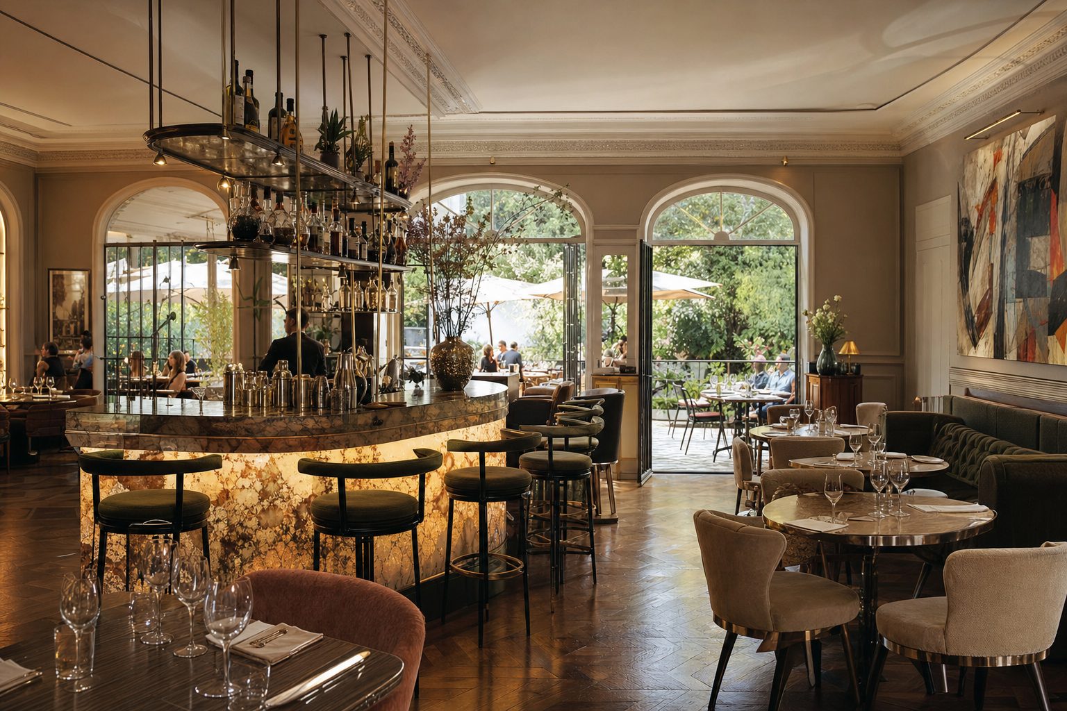 A grand curved marble bar lit from within with green velvet stools, opening onto a bright dining room and garden terrace through arched doors