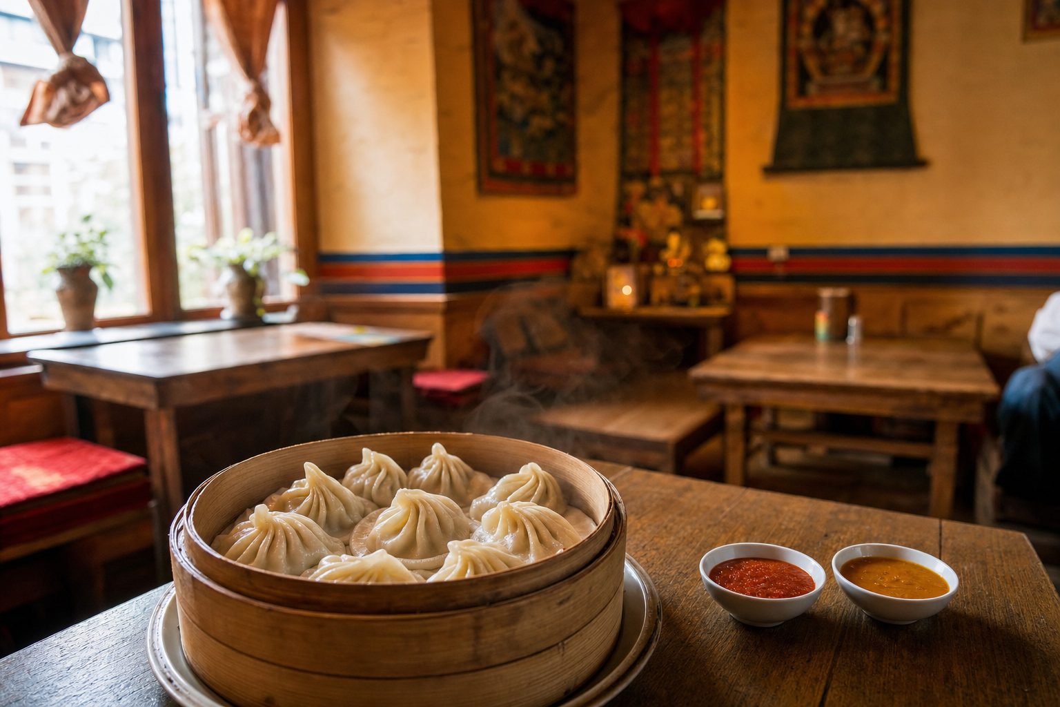 A steaming bamboo basket of dumplings with two dipping sauces on a wooden table, prayer flags and Tibetan wall hangings in the background