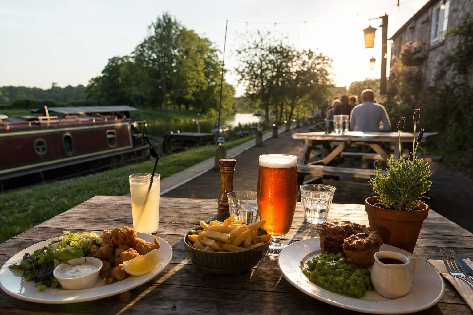 A riverside picnic table set with fish and chips, a pie and pea, and pints of beer, with a narrowboat moored on the water at golden hour
