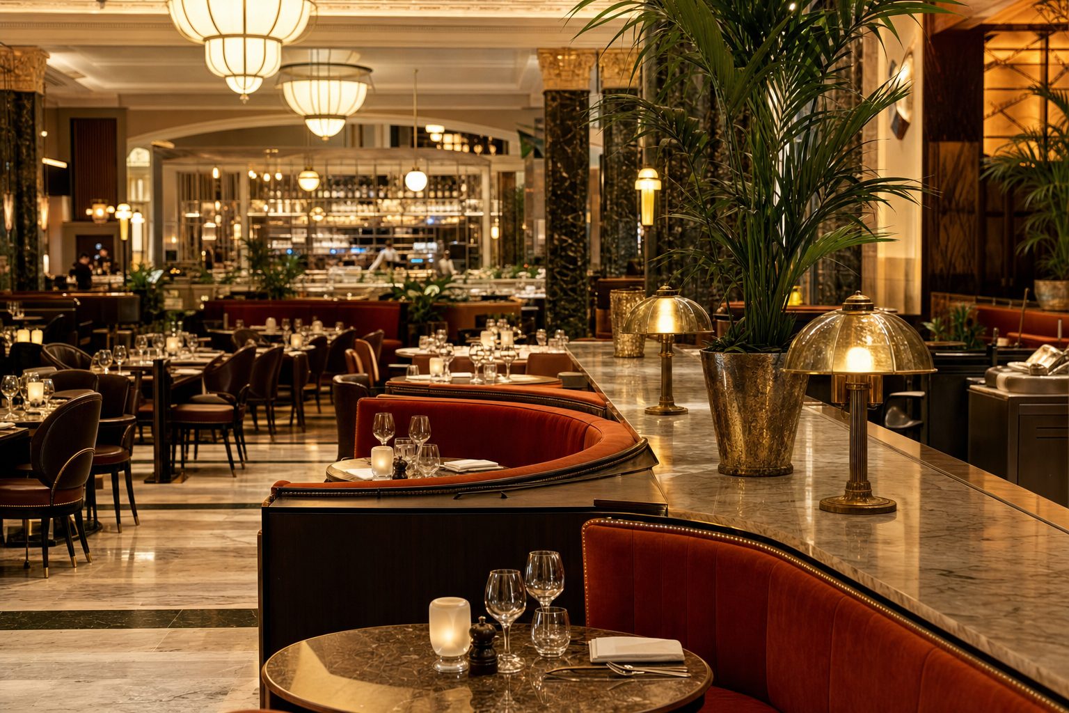 An opulent Art Deco brasserie with globe chandeliers, marble floors, potted palms, and curved red velvet booths