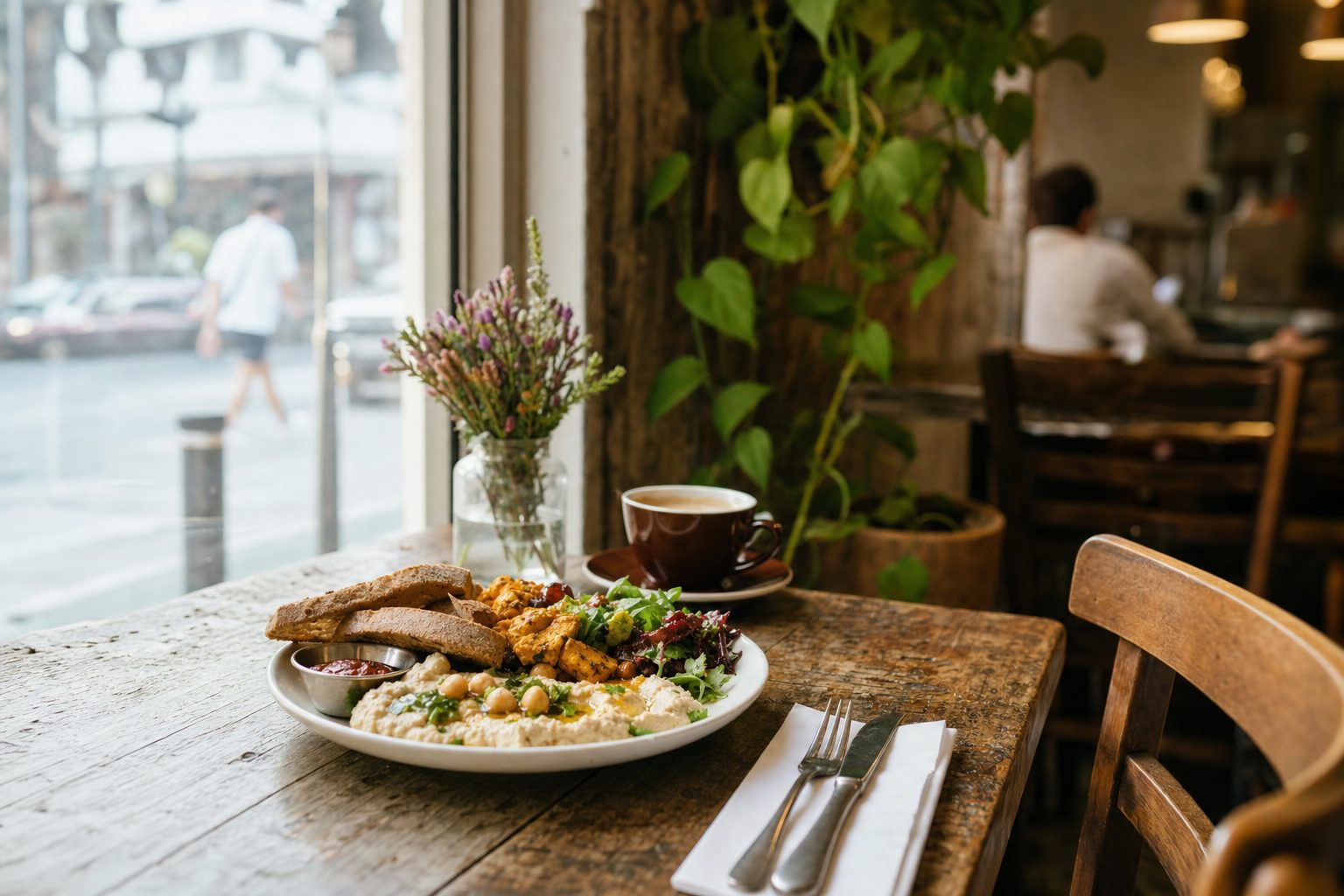 A wooden cafe table set with a mezze plate of hummus and flatbread, a cappuccino, and wildflowers beside a window onto the street